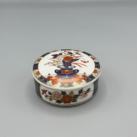 Vtg 4" Rnd Trinket Box Gold Trim Flower Pot Porcelain Inlay Imari Japan Unmarked - Picture 6 of 9